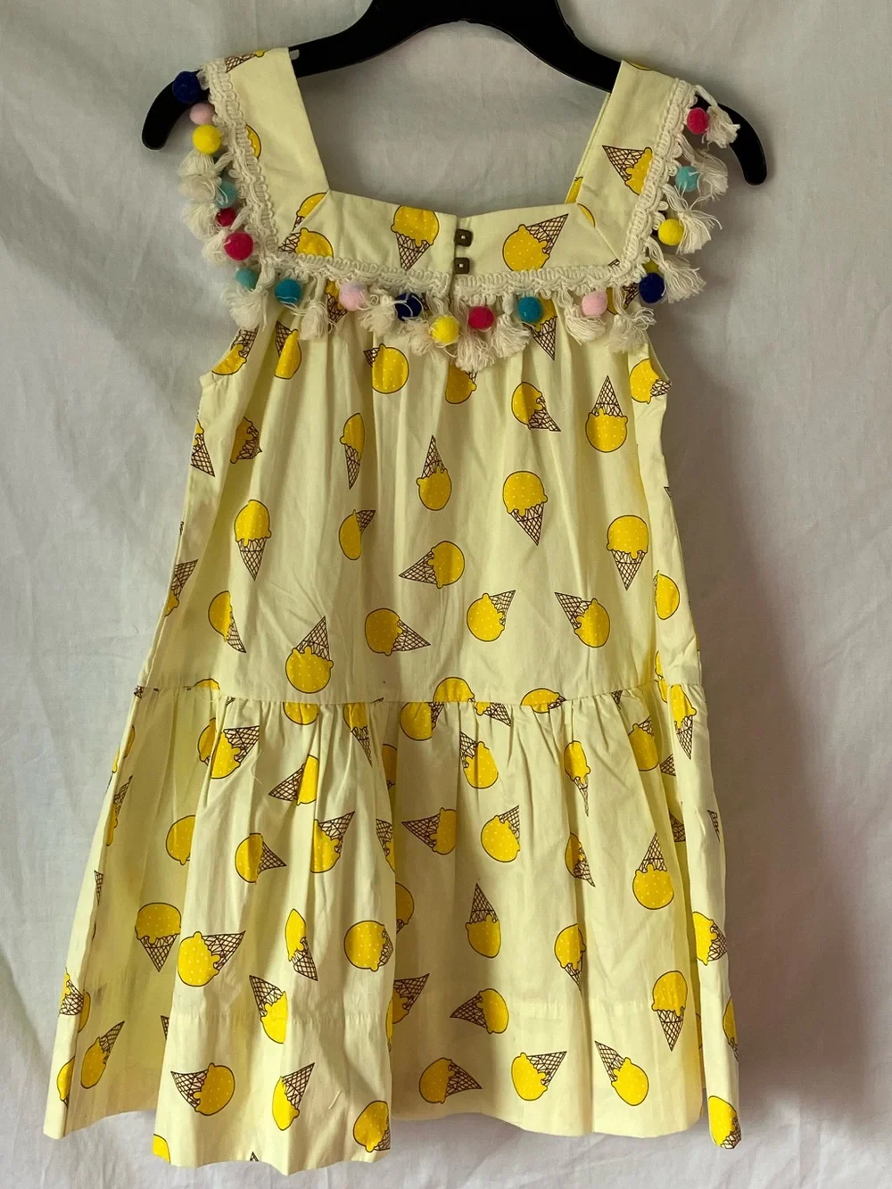 Peas and Queues Yellow Ice Cream Print Pom Pom Dress - Size 8